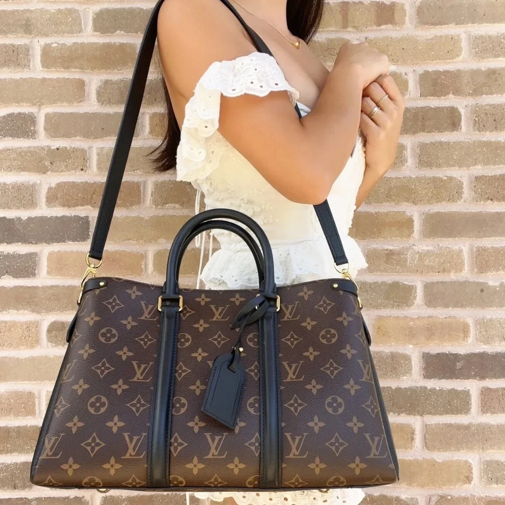 Louis Vuitton Soufflot MM Satchel Brown Monogram Canvas Black Shoulder Handbag - Picture 1 of 14